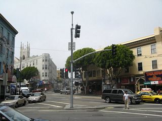 Leaving Chinatown, northbound Grant Street meets Columbus Avenue and Broadway at this major intersection. Broadway Street west passes under Russian Hill to Pacific Heights. Columbus Avenue east heads to the Financial District and the foot of the TransAmerica Pyramid. Welcome to the North Beach community!
