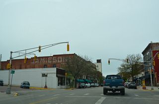 Truss arm traffic signal array at Main Street and Maple Street in Downtown Trinidad.