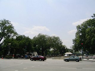 Pennsylvania Avenue NW becomes E Street NW west of 15th Street NW. The road is closed to traffic as it passes between The Ellipse and The White House.
