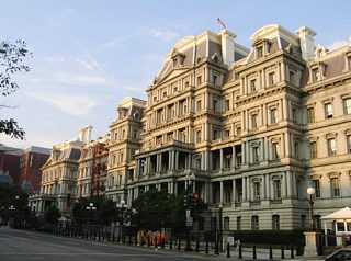 The intersection of 17th Street NW and F Street NW by the Old Executive Office Building.
