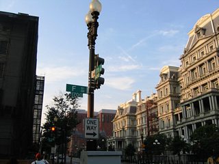 The intersection of 17th Street NW and F Street NW by the Old Executive Office Building.