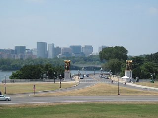Rock Creek And Potomac Parkway spans Ohio Drive and ties into Lincoln Memorial Circle from the northwest. I-66 & U.S. 50 enter Arlington, Virginia in the background.