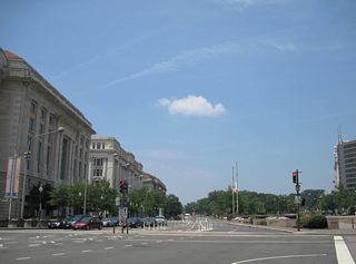 Pennsylvania Avenue NW veers westward at 13th Street NW by the Ronald Reagan Building and International Trade Center. 13th Street heads northward to Franklin Square.