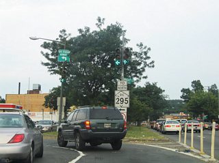 A left turn opposite Fairlawn Avenue SE joins Pennsylvania Avenue SE east with the Anacostia Freeway northbound on-ramp. D.C. 295 heads northeast to Kenilworth Avenue and the Benning section of the city.