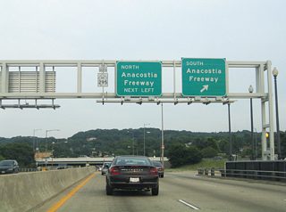 Leaving the John Phillip Sousa Bridge, Pennsylvania Avenue SE east approaches a three-quarter cloverleaf interchange with District of Columbia 295 (Anacostia Freeway).