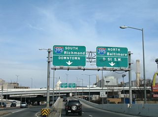 Ascending onto the ramps for Interstates 395 south (Southwest Freeway) and 395 north (Center Leg Freeway). South Capitol Street meanwhile passes under Interstate 695 (Southeast Freeway) en route to Washington Avenue and D Street.