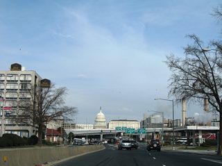 The northbound frontage street returns to South Capitol Street at K Street. K Street is bisected from South Capitol Street; there is no access from the South Capitol Street mainline to K Street east.