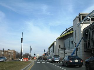Traveling through the intersection with P Street adjacent to the Nationals Park. P Street leads west to Fort Lesley J. McNair. Before the viaduct was removed, South Capitol Street passed over P Street without access.