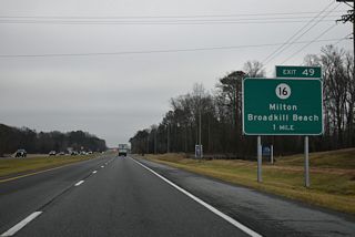 SR 1 (Coastal Highway) south next meets SR 16 (Broadkill Road) at Exit 49 east of the town of Milton.