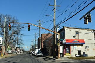 New Castle Avenue northbound at C Street. U.S. 13/SR 9 overlap four blocks through the Southbridge neighborhood in Wilmington.