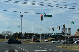 The northbound entrance ramp for SR 1 at Port Penn Road (Rd 2) joins the toll-free section of Korean War Veterans Memorial Highway ahead of the William Roth Bridge across the Chesapeake &amp; Delaware Canal.
