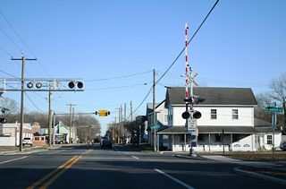 Main Street east at Railroad Avenue and the Delaware Coast Line Railroad in Ellendale.
