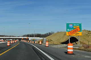 The entrance ramp for Interstate 95 south to the Newark Toll Plaza and Baltimore, Maryland was relocated southward as part of the I-95 & SR 896 Interchange Project  underway from Spring 2023 to Summer 2026.