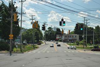 Entering the five-way intersection with Chapel and Margaret Streets on Cleveland Avenue west.