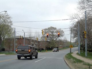Lea Boulevard passes through the Brandywine Hills community of northeast Wilmington between Philadelphia Pike (U.S. 13 Business) and Miller Road. Monroe Street and Matson Run Parkway south come together with Lea Boulevard at this signal.