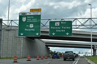 The First Coast Expressway opened to traffic between U.S. 17 south of Green Cove Springs and SR 21 (Blanding Boulevard) at Middleburg on August 9, 2025. Not opening at that time were the ramps on the southside of the exchange with SR 16.