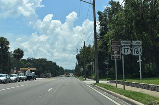 SR 16 east combines with U.S. 17 (Orange Avenue) south for 0.63 miles in Green Cove Springs.
