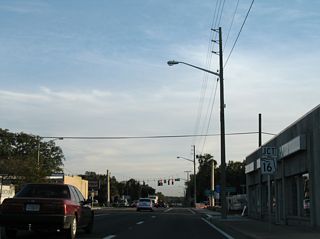SR 16 (Ferris Street) enters Green Cove Springs east from Penney Farms and the First Coast Expressway (SR 23).