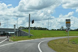 The overall planned route of SR 23 measures 46 miles from I-10 in west Jacksonville to I-95 south of Sampson in St. Johns County. Construction on the remainder of the toll road east runs through 2030.