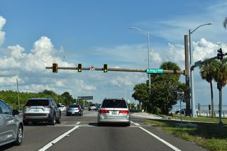 Separate traffic lights along SR 60 east at a beach access point and Dr. Kiran C. Patel Boulevard north to the Tampa Bay Regional Campus of Nova Southeastern University were consolidated into a single intersection in Spring 2020.