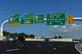 A directional T interchange (Exit 2 A) joins Memorial Highway / Veterans Expressway with Courtney Campbell Causeway. Constructed as part of the Tampa Airport Interchanges project between 2005-10, the exchange replaced an at-grade connection between SR 60 and SR 589.