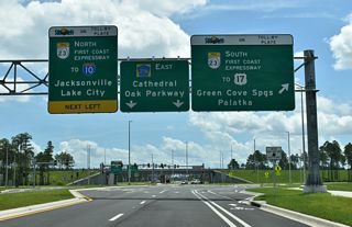 The First Coast Expressway is a 46 mile long toll road opened north from Middleburg to I-10 in Jacksonville in July 2018 and from SR 21 (Blanding Boulevard) south to U.S. 17 on August 9, 2025.