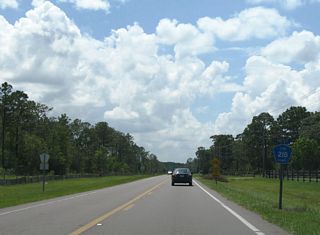CR 218 heads northwest from CR 739 (Henley Road) and the Lake Asbury community toward Middleburg.