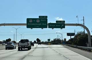Entering the diamond interchange (Exit 48) with Sligh Avenue along Interstate 275 south. Sligh Avenue continues east through Old Seminole Heights to East Seminole Heights and Rivergrove in Tampa. There are five separate sections of Sligh Avenue between Town 'n' Country and Mango.