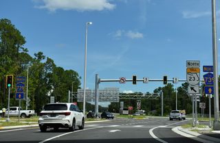 The exchange joining Henley Road with the First Coast Expressway is a diverging diamond interchange (DDI).