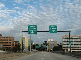 The Hillsborough Bay bridge southbound separates splits with an off-ramp leading directly to Tampa General Hospital.