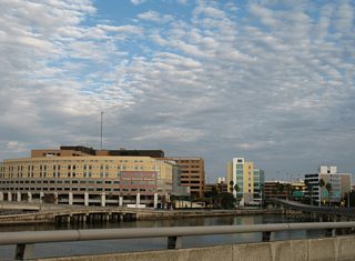 The Hillsborough Bay bridge southbound separates splits with an off-ramp leading directly to Tampa General Hospital.