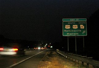 Button copy sign formerly posted along U.S. 29-78/SR 8-10 Loop east at the parclo interchange (Exit 4 / old Exit 17) with U.S. 129-441/SR 15 (Macon Highway). SR Loop 10/U.S. 78 eastbound at Exit 17 (U.S. 129-441/SR 15 south). U.S. 129/441 lead south from the Athens Perimeter Highway to Watkinsville and Bishop en route to Madison. U.S. 129/441 overall overlap 56 miles between Eatonton and Athens.