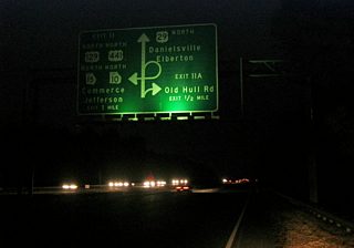 This diagrammatic sign preceded the half diamond interchange (Exit 10A / old Exit 11A) with Old Hull Road and the western turn of SR 10 Loop, where it separates with U.S. 29 north.