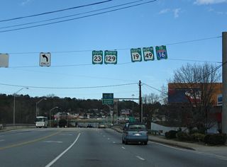 U.S. 23/SR 19 south and U.S. 129/SR 49 north combine for 0.42 miles along Spring Street between Riverside Drive and Emery Highway north of Downtown Macon.