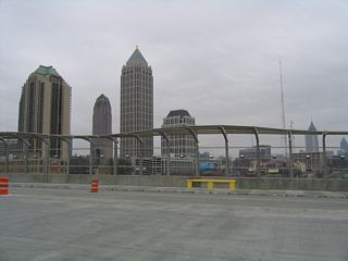 Midway across the 17th Street Bridge facing south toward Midtown Atlanta.
