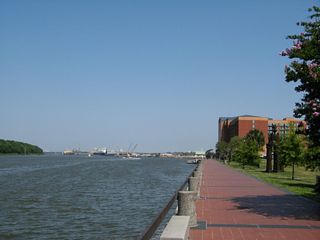 Looking downriver at Morrell Park, which lines the east end of River Street.