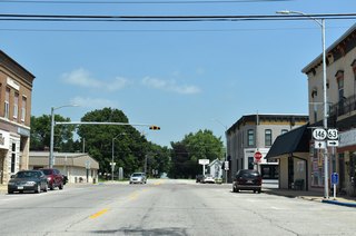 Iowa 146 continues along Main Street while U.S. 63 turns east along Market Street in the center of New Sharon.