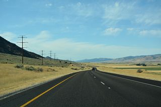 Interstate 15 traveling south between Malad Valley and the Malad Range in Oneida County, Utah