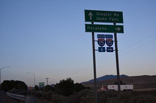Ross Fork Road connects with Interstate 15 east from Fort Hall at Exit 80. This sign assembly was removed during construction expanding Ross Fork Road into a four lane boulevard at the diamond interchange with I-15 in 2023/24.