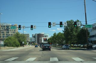 13th Street heads north from Shoreline Park on the Boise River to The Marketplace district. The U.S. 20/26 couplet along Myrtle and Front Streets extends east from 13th Street to S Broadway Avenue at the East End of Downtown.
