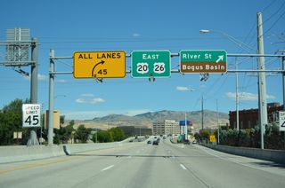 U.S. 20/26 east on the Boise Connector at River Street ahead of Downtown Boise, Idaho