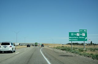 The Mountain Home business route from Interstate 84 loops 6.04 miles south from Exit 90 to the city center along Old U.S. 30 and east along American Legion Boulevard (Old U.S. 20) to Exit 95.