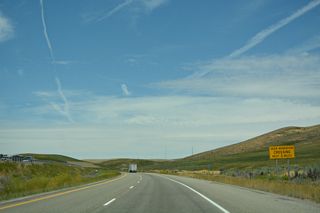 Interstate 84 navigates through a series of S-curves east of Burnt Canyon.