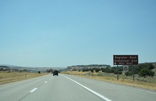 Park Lane leads north from the diamond interchange at Exit 28 to the entrance of Massacre Rock State Park. Register Rock is situated further south adjacent to the I-86 mainline along Register Road.