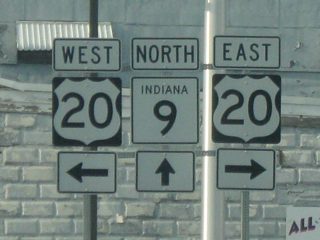 A close up of the highway shields at the junction of U.S. 20 (Central Avenue) and SR 9 (Detroit Street) in LaGrange.
