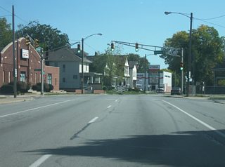 Three blocks to the east of Lafayette Street (U.S. 27 north), Jefferson Boulevard nears the intersection with Hanna Street.