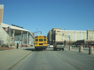 Now approaching the intersection with Jefferson Boulevard and Webster Street. The Grand Wayne Convention Center begins on the north side of Jefferson Boulevard to the east of Webster Street.