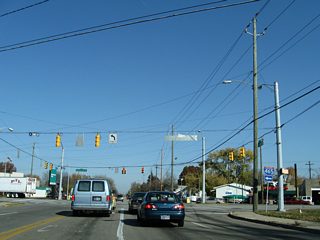 Lynhurst Drive northbound at Crawfordsville Road in Speedway. The former U.S. 136 leads west to Interstates 74-465.