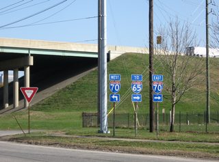 Entering the split diamond interchange with Interstate 70 on Missouri Street north. Traffic joining I-70 eastbound default into the South Split interchange with I-65.