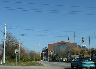 The westbound on-ramp forms a brief frontage street connecting Missouri (north) and West (south) Streets within Exit 79A. Interstate 70 spans the White River to West Indianapolis and continues to Indianapolis International Airport (IND), Terre Haute and St. Louis.